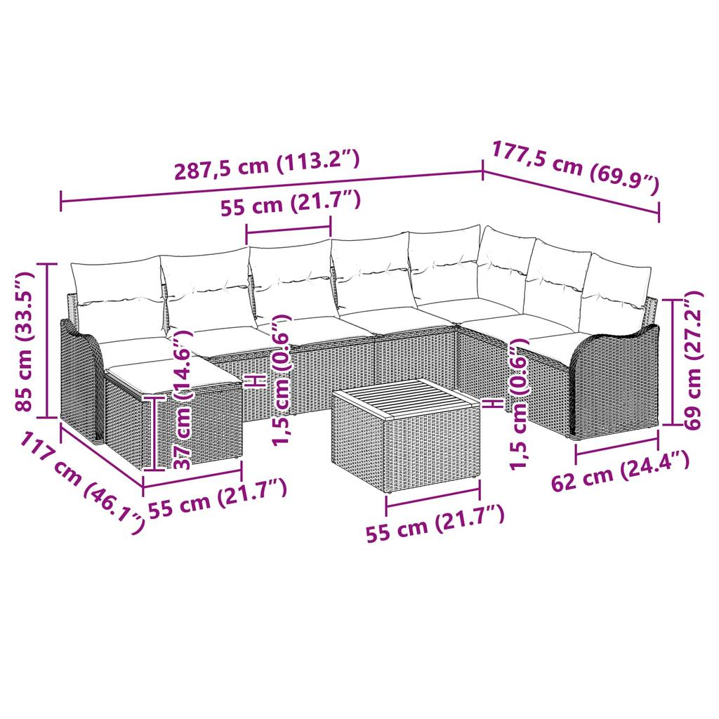 Garden Sofa Set 9 Pieces Gray Poly Rattan
