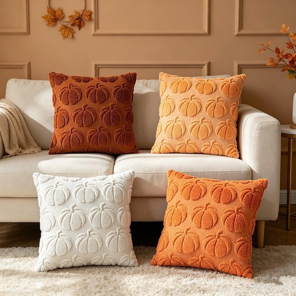 Soft Plush Fabric Throw Pillow Covers Pumpkin Pattern Faux Wool Cushions Living Room Bedroom