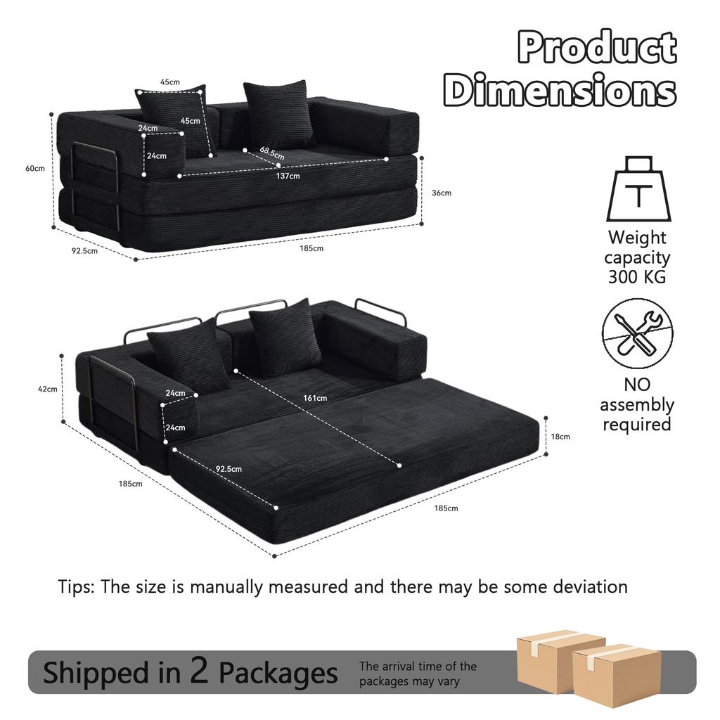 Compression Sofa,Convertible Floor Sofa Bed-with Pillow Back Support Armrest,Futon Couch Sleeper Bed,Corduroy Fabric,Living Room Bedroom ,Black