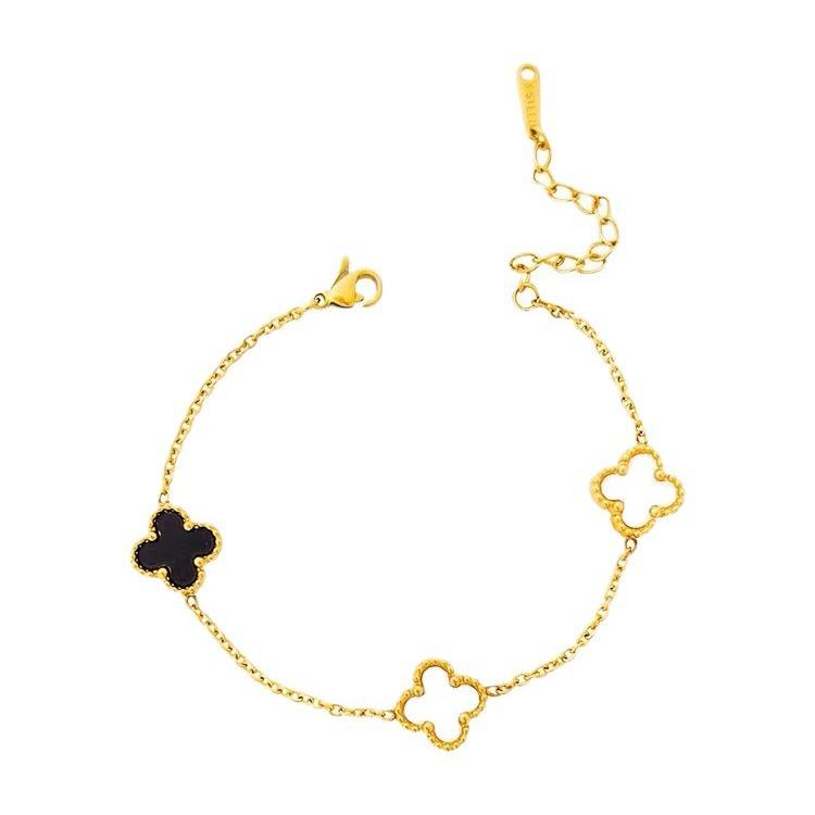 Женский браслет из титановой стали с золотым покрытием в виде четырехлистного клевера - Черно-белый, Двусторонний, Дизайн простой роскоши