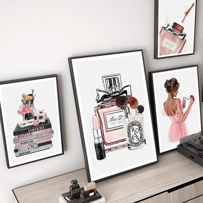 Розовый цветок, духи, модный постер, женский макияж, помада, книга, холст, картина, настенная живопись, печать, изображение для девушки, спальни, домашний декор