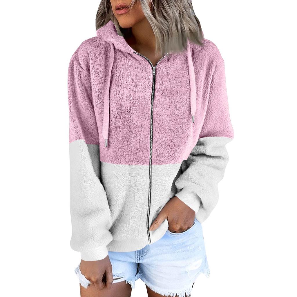 Women's Fashionable Warm Fleece Solid Color Hoodie Zipper Pocket Casual Jacket