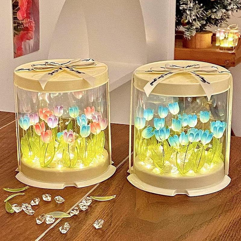 Ручная поделка DIY Куб-ночник Цветок Тюльпан Набор материалов для DIY Креативный подарок на День Рождения, День Матери Имитация Цветочная коробка-торт