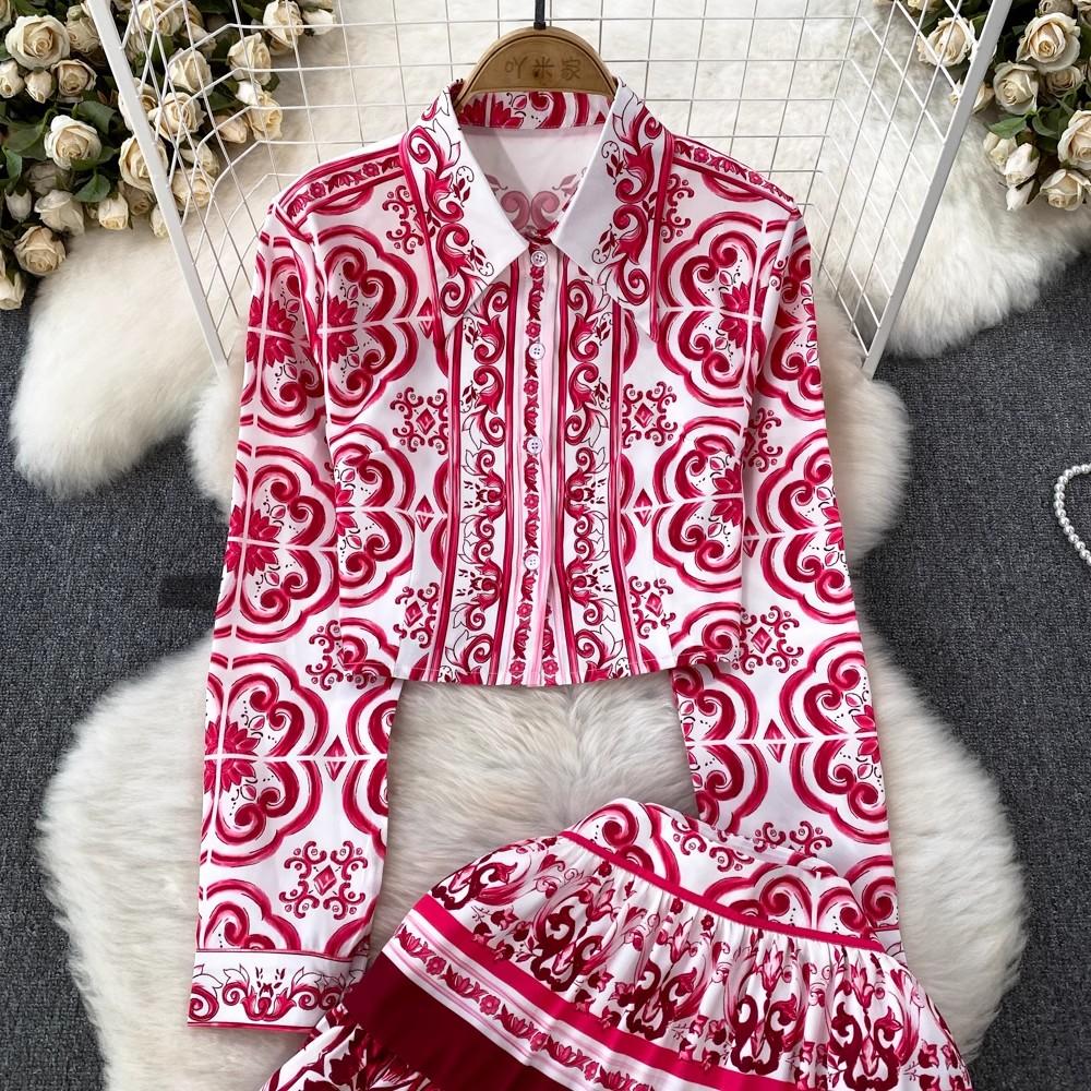 Осенняя мода на подиуме, красный, зеленый, синий и белый фарфоровый цветочный принт, женская рубашка, топ + мини-юбка трапециевидной формы, комплекты из двух предметов