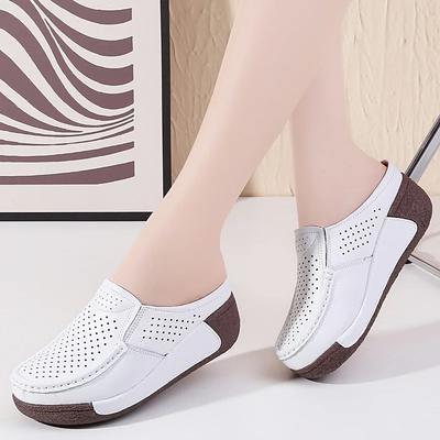 Женские шлепанцы на танкетке с вырезами, летние женские удобные дышащие сандалии на платформе, женские шлепанцы из натуральной кожи, повседневная женская обувь