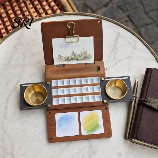 Beginner Watercolor Kit 24-Grid Palette Box, Travel Paint with Brush Cup Holders, Box Two Mixing Areas, Wooden Portable Paintbox for Painting Outdoor