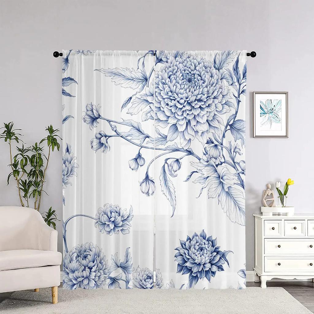 2 Pieces Blue and White Floral Pattern Curtains, Polyester Fabric, Machine Washable, Suitable for Bedroom Living Room Decoration