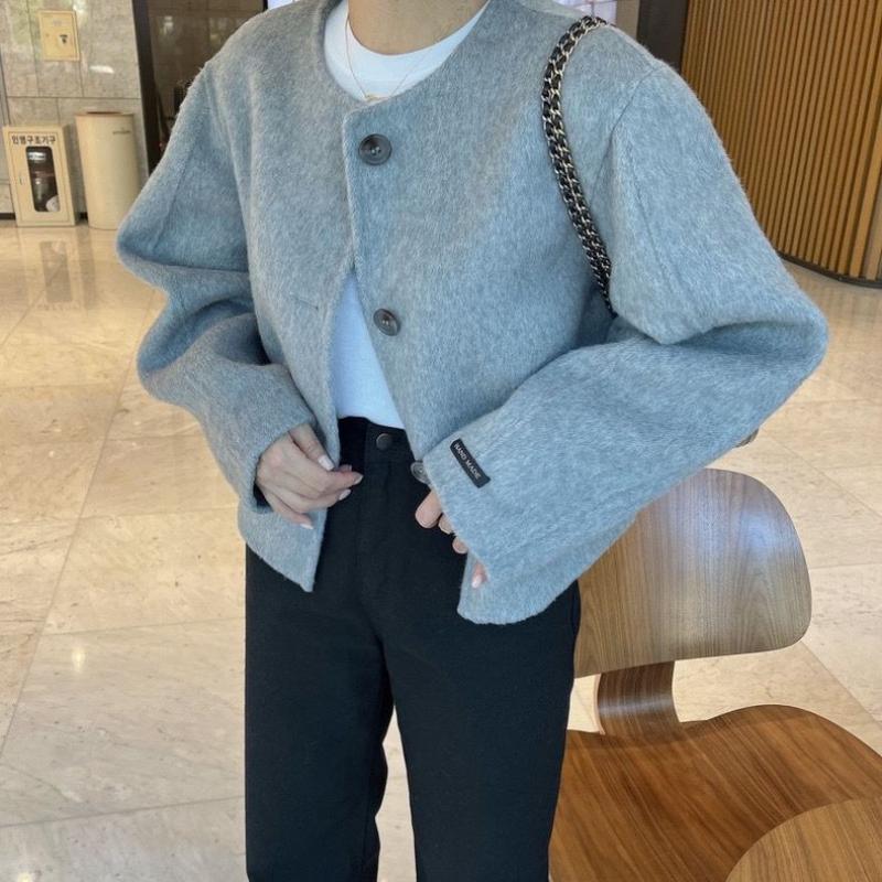 Корейский шик Осень Зима Французский круглый однобортный свободный повседневный универсальный шерстяной жакет с длинными рукавами для женщин