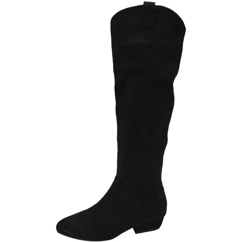 Замшевые женские высокие сапоги с острым носком на низком каблуке, сексуальная обувь для женщин, тренд 2025, зимняя мода, дизайнерское платье, элегантные Zapatos De Mujer