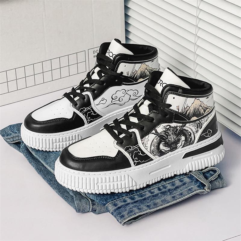 Модные китайские красные драконы мужские скейтбордные туфли модные кожаные повседневные спортивные туфли для мужчин уличные высокие кроссовки на платформе женские