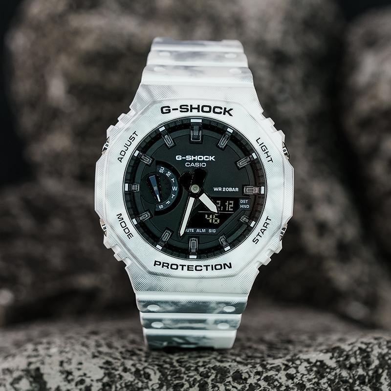Casio Серия «Снежный камуфляж» Сменный ремешок Водонепроницаемые и ударопрочные Спортивные часы Кварцевый механизм Пластиковый ремешок Японские и GAE-2100GC-7APR