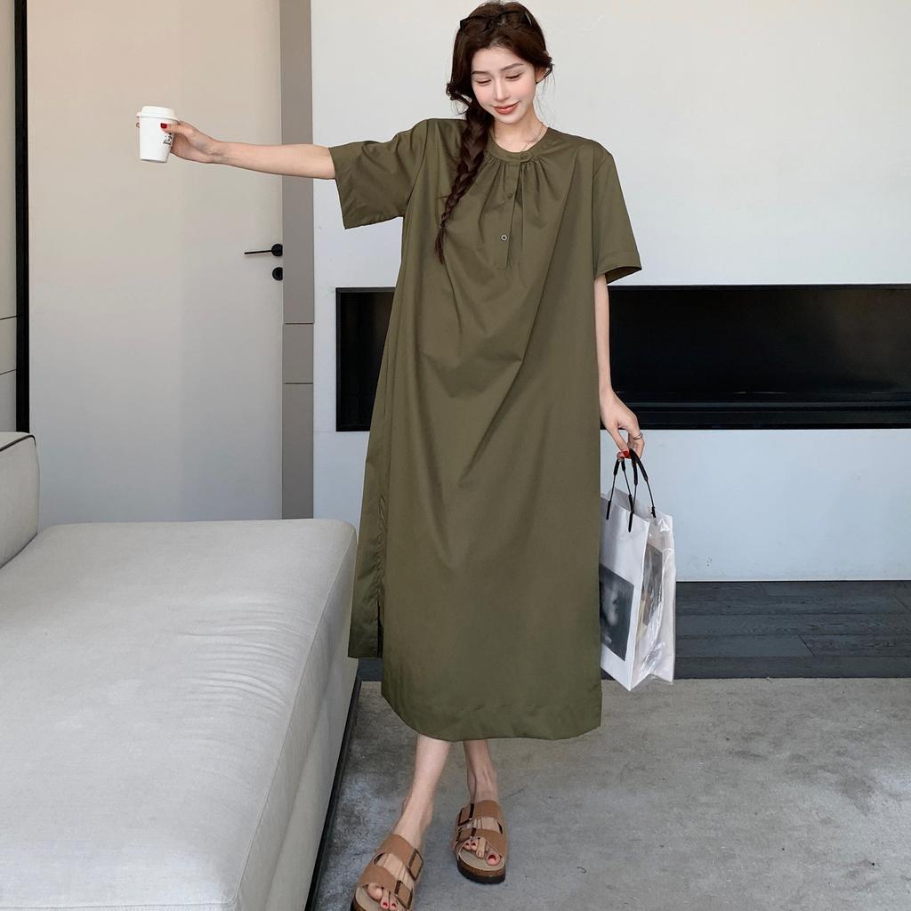 Dimanaf 2025 Летнее платье больших размеров для женщин, повседневное винтажное платье, базовое свободное платье с круглым вырезом и короткими рукавами, хлопок
