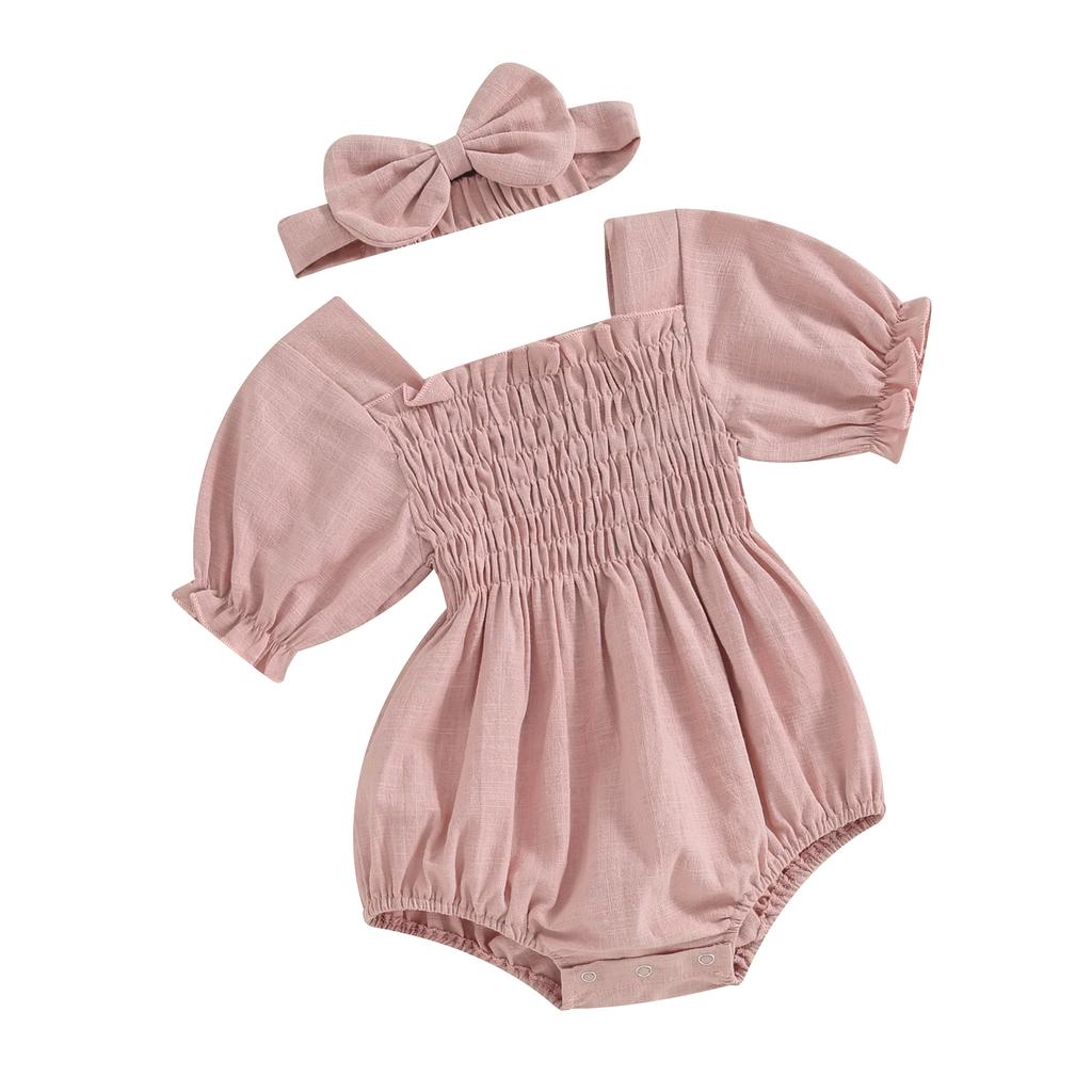 Летний комбинезон для младенцев и девочек, однотонный, с короткими рукавами, квадратным вырезом, присборенный, с бантом на голове