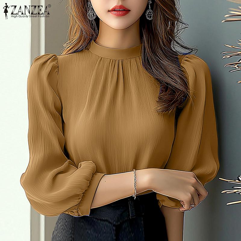 ZANZEA Женская повседневная блузка с воротником-стойкой, свободного кроя, однотонная, с рукавами 3/4