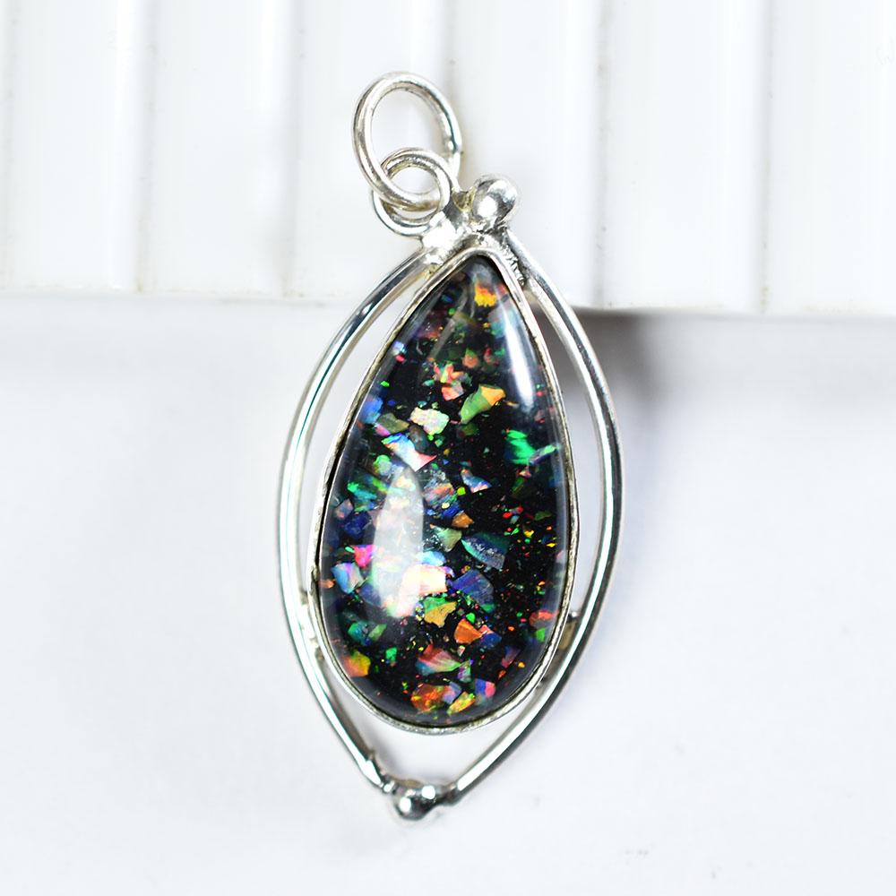 Natural Opal Pendant 23 ct Multi-Color Pear 925 Sterling Silver October Birthday Birthstone