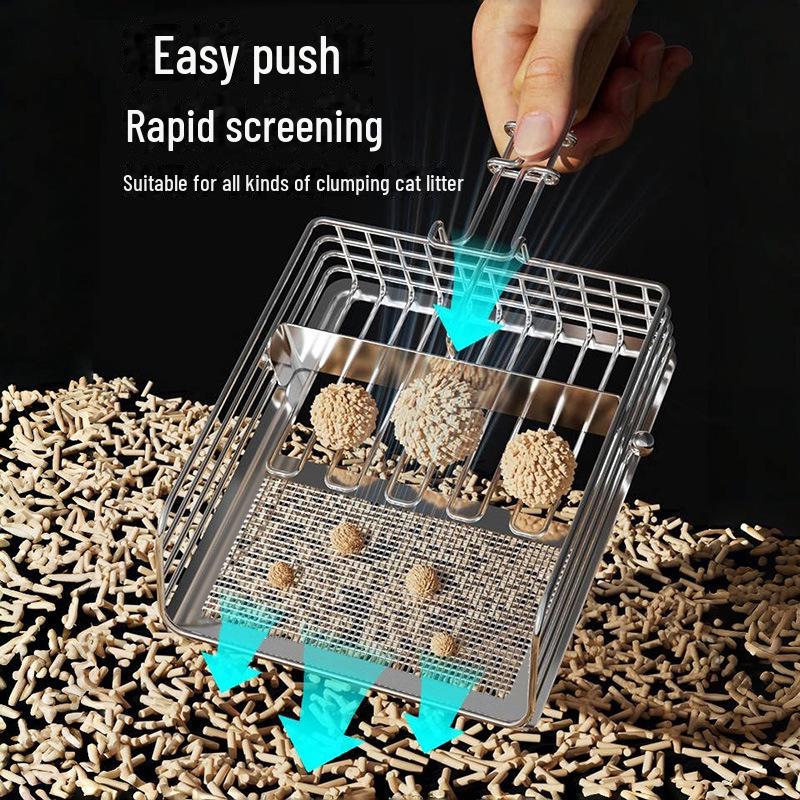 Большой металлический совок для кошачьего туалета с мелкими отверстиями для тофу и рудного песка - конструкция «два в одном» с функцией «толкай и тяни»