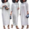 Women Dress Oversized O Neck Shiny Sequin Three Quarter Sleeve Ankle Length Soft Pullover Elegant Commute Style Lady Maxi Dress