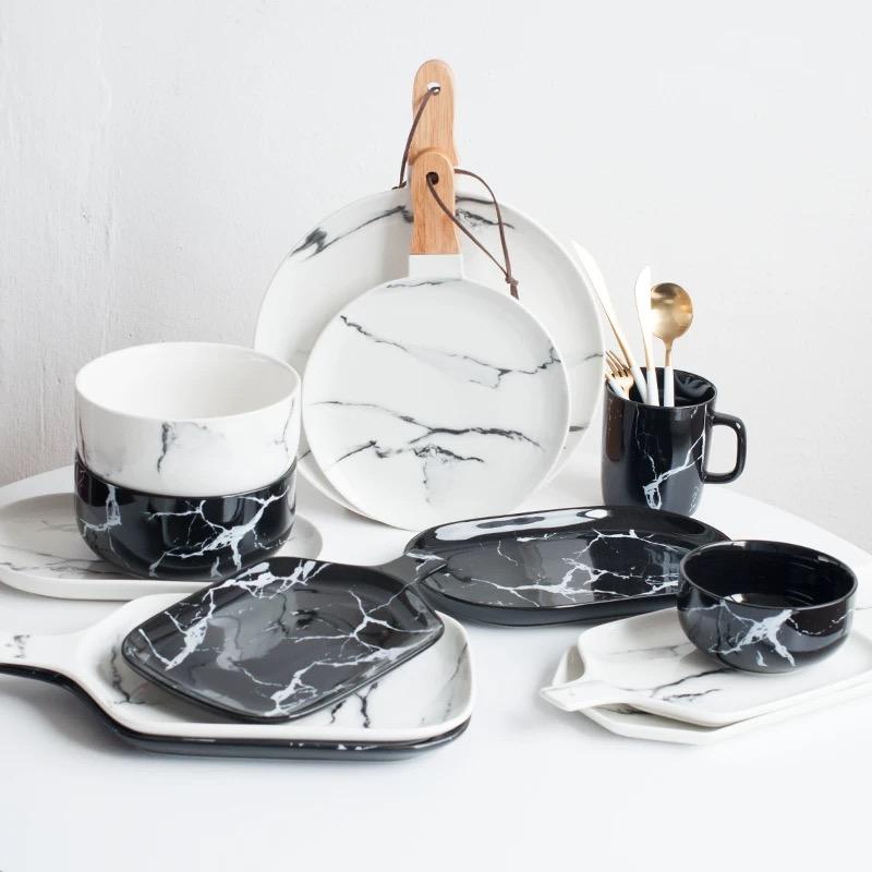 Скандинавский набор керамических мисок под мрамор – Фарфоровая посуда для завтрака, риса, лапши, супа