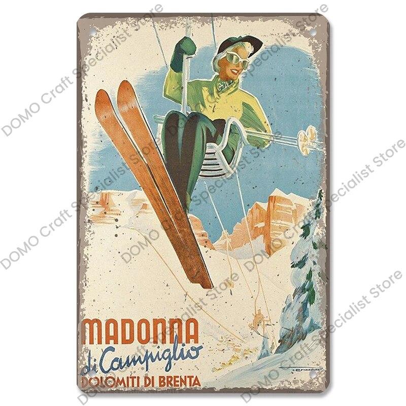 Лыжный спортивный плакат, винтажная металлическая табличка, знаки, горные лыжи, красота, металлическая жестяная пластина, ретро настенный декор для лыжного клуба, бара, паба, дома