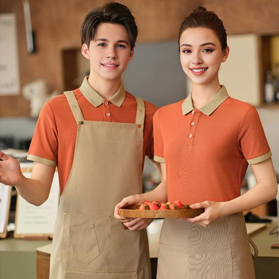 Unisex Waiter Waiteress Uniform Button Lapel Solid Color Short Sleeves Breathable Soft Coffee House Hotel Dinner Food Serving Top