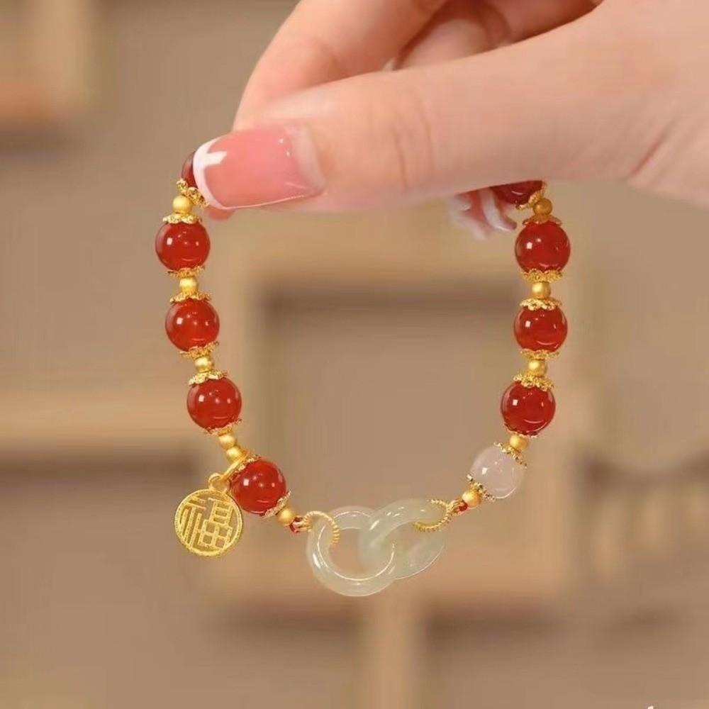 Heart Buckle Chalcedony Bead Bracelet Double Ring Design Bangle Jewelry  Women Accessories
