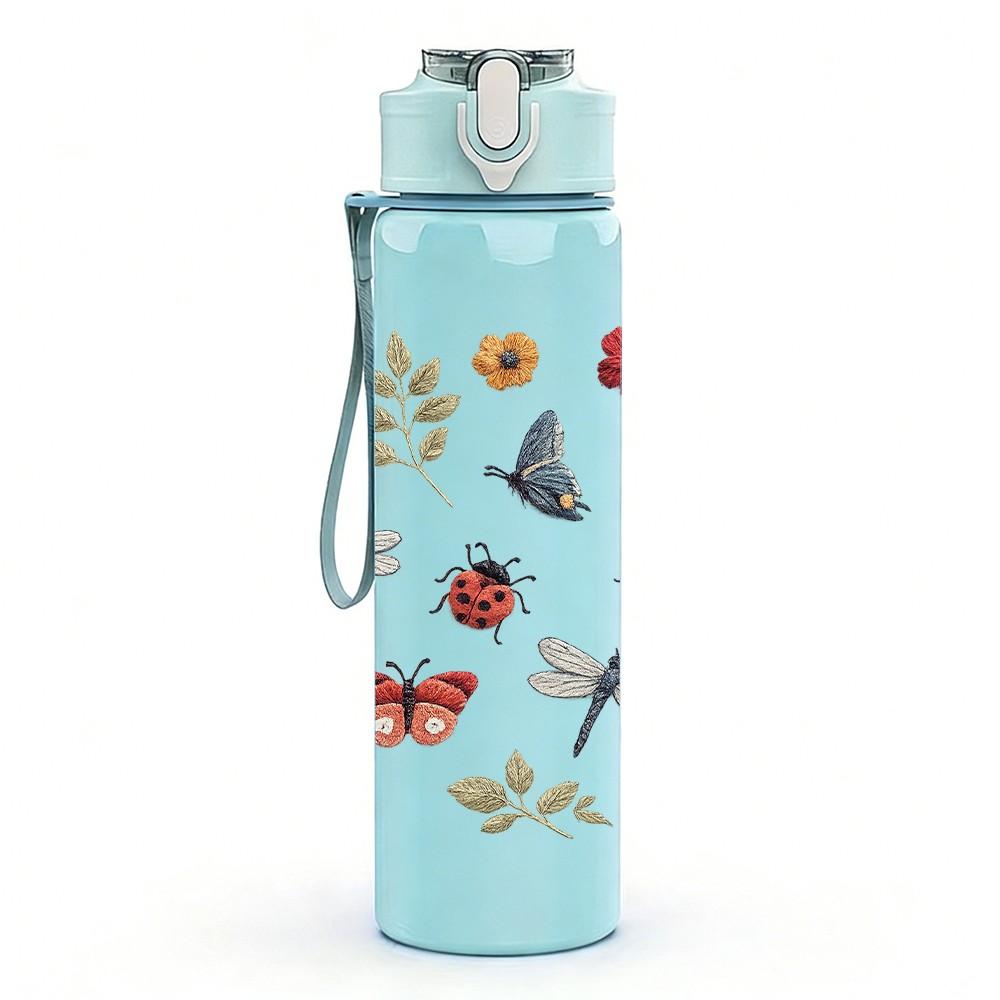 1PC Dragonfly Floral Botanical Sketch Print 750ml Color Plastic Sports Water Bottle Leakproof Flip Straw Lid Suitable for Sports Office Home Use