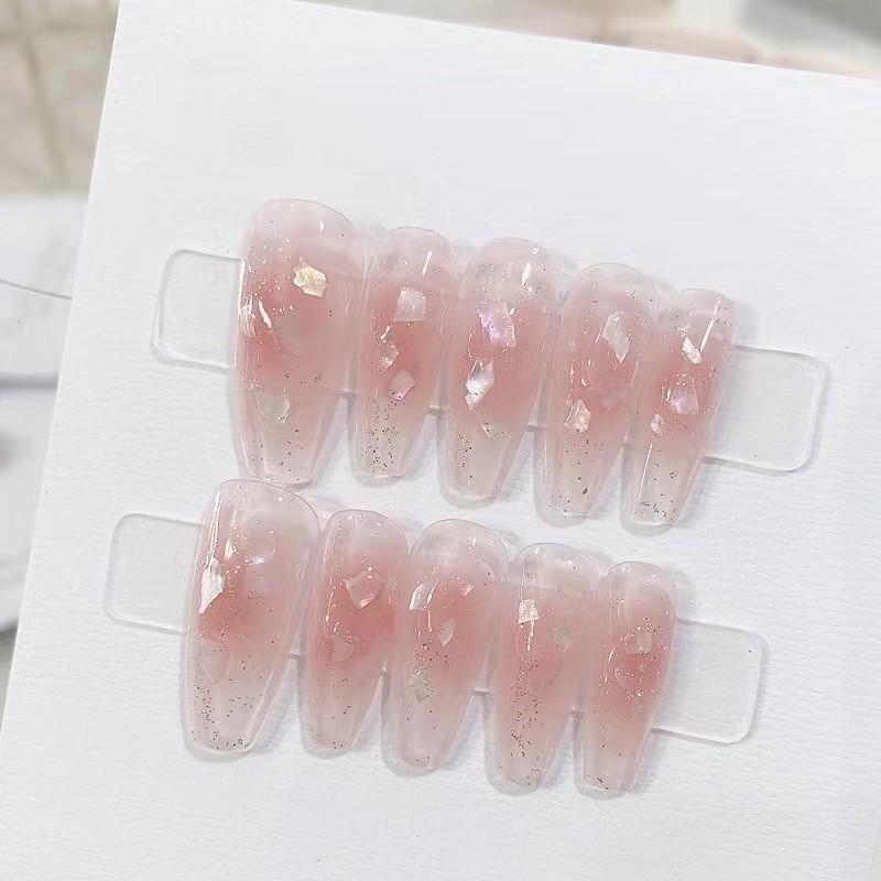 HANDMADE Medium-length Coffin Shaped Trapezoid Artificial Nail Pink Cute Sweet Princess Love Blush Crystal Diamond Phototherapy Nails Reusable