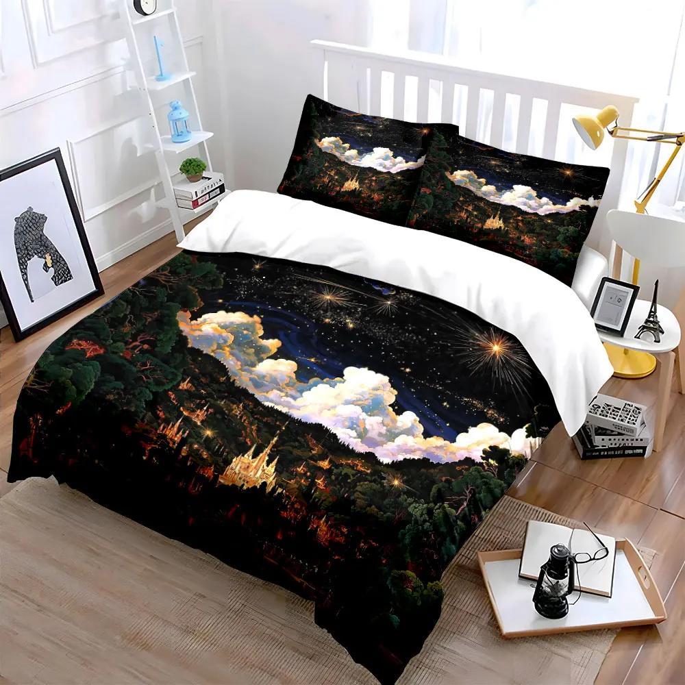 Fantasy Castle Night Scenery Decor Bedding Set with 1 Duvet Cover 2 Pillowcases Single Double King Queen Gift