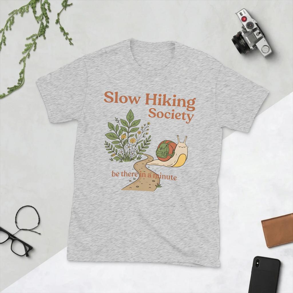 Slow Hiking Society Snail Backpack Nature Unisexs T Shirt Novelty Tees Short Sleeve Round Collar Tshirt Cotton Gift Idea Tops