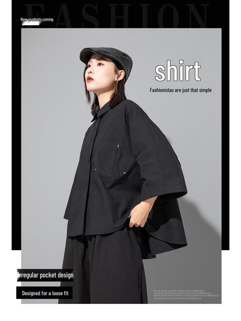 Женский темный топ в китайском стиле с нерегулярными рукавами средней длины и свободного кроя