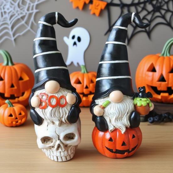 1 Pair Halloween Gnome Statue Ghost Skull Pumpkin Shape Resin Figure Festive Atmosphere Halloween Decoration