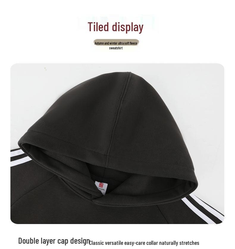 Women's Solid Color Loose Cotton Hooded Sweatshirt with Three Stripes and Coral Fleece - Japanese Korean Style, Long Sleeve, Casual Round Neck.