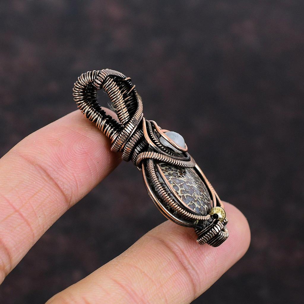 Подвеска из кости динозавра, подвеска из радужного лунного камня, подвеска, обернутая медной проволокой, украшения ручной работы, подвеска с драгоценным камнем, медные украшения, подарок для женщин