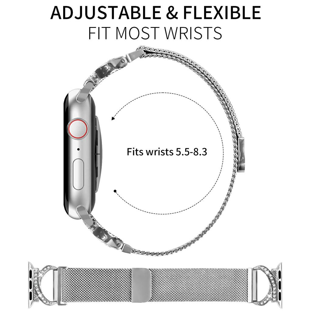 Ремешок для Apple Watch Series 10 Ultra 9 8 7 SE 6 5 4 3 2 1 46 мм 49 мм 45 мм 44 мм 42 мм Миланский серебристый металлический ремешок с украшением из стразов