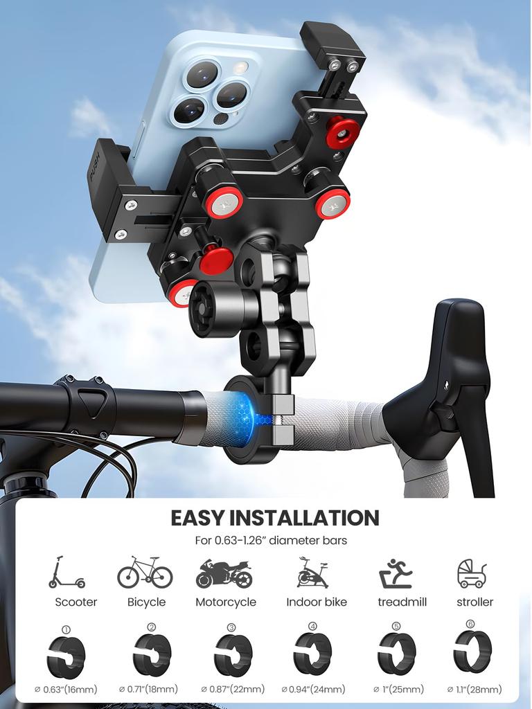 Motorcycle Phone Holder with Vibration Damper Fast Secure Bike Phone Handlebar Cell Phone Holder for and Fits Smartphones Black & Lock, Anti-Theft