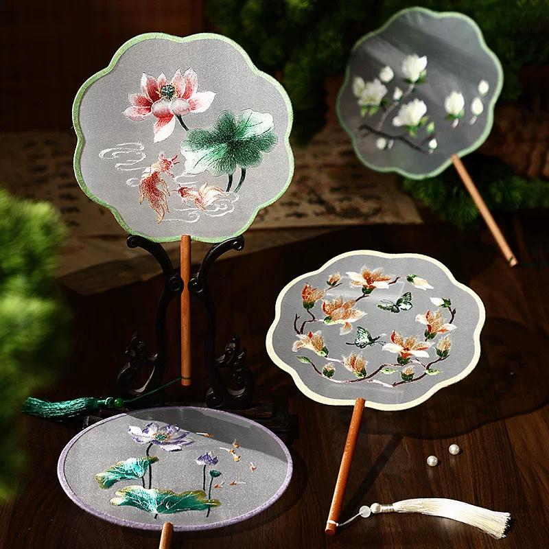 Long Handle Chinese Ancient Style Small Circular Fan Cheongsam Fan Tassel Girl Fairy Exquisite Han Dynasty Double Sided Embroidery Dance Chinese Style