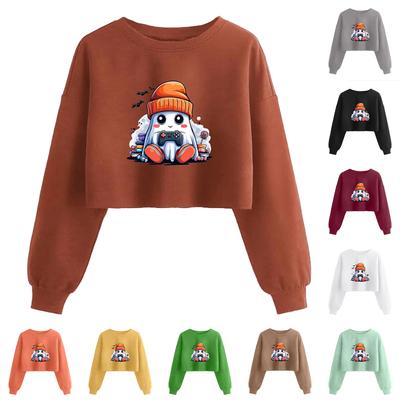 Женский модный пуловер с длинным рукавом и принтом на Хэллоуин, открывающий живот