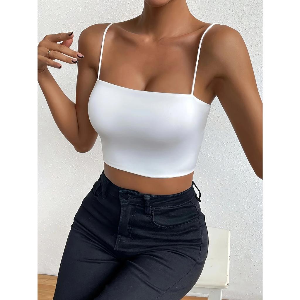 Chic Solid Spaghetti Strap Cami Crop Top - Flattering Sleeveless & Backless Design - Lightweight, Fashion-Forward Womens Clothin