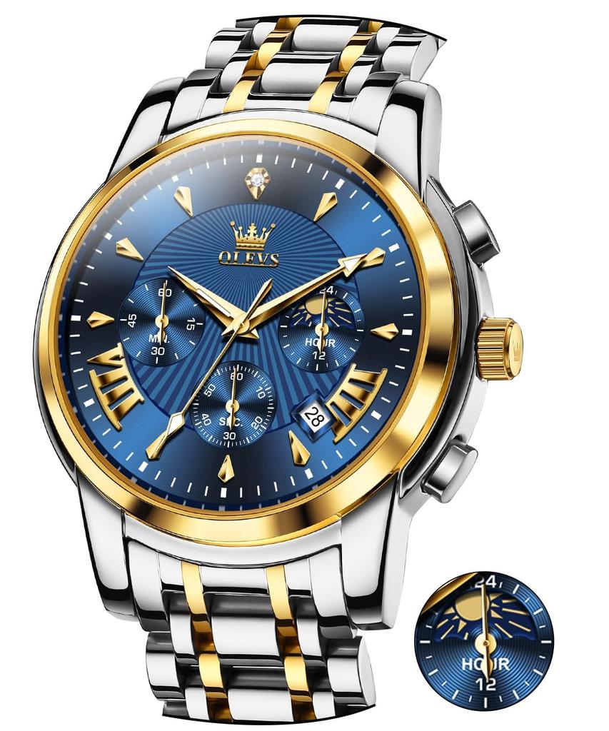 OLEVS Men's Stylish Chronograph Watch, Popular Brand for Business, Large, Easy-to-Read Analog, Waterproof Quartz Wristwatch (Blue-2892)