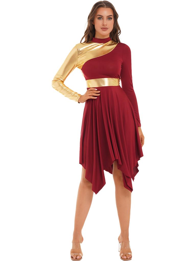 Women Slim Waist Party Gown Praise Liturgical Lyrical Dance Dress High Low Worship Costume Metallic Color Block Dress