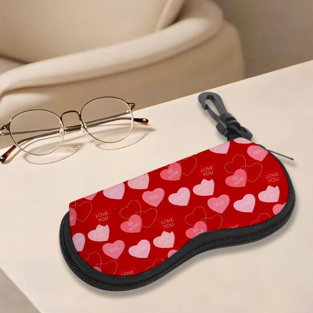 Romantic Red Heart Pattern Sunglasses Case, Soft Fabric Eyewear Pouch, Portable Protective Glasses Bag, Valentine Gift Travel Accessory