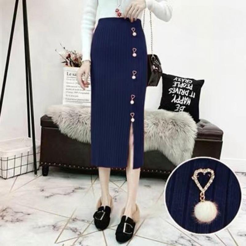 Вязаная облегающая женская весенне-осенняя юбка-карандаш с разрезом, универсальная миди-юбка