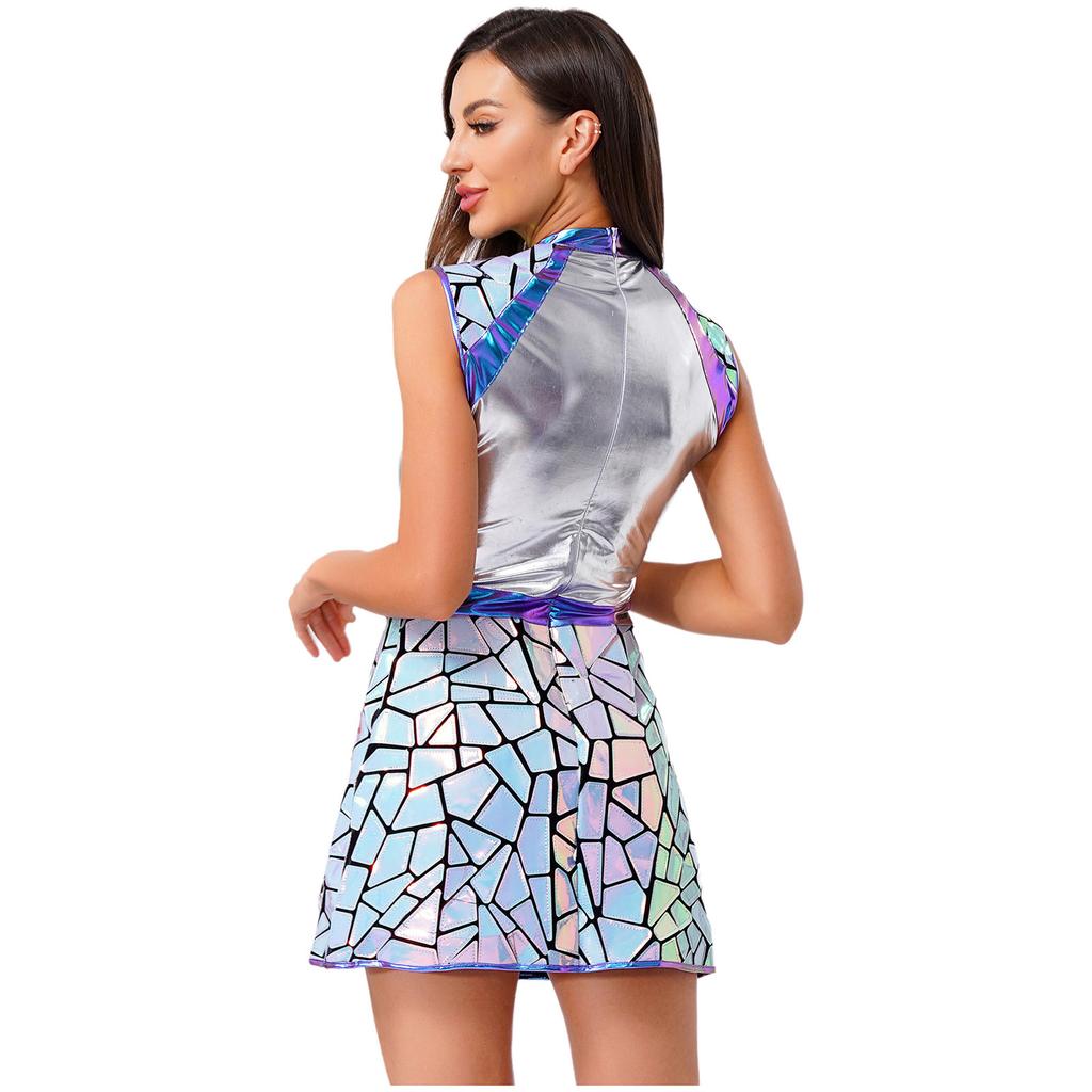Womens Halloween Alien Astronaut Costume Gradient Sequin Metallic Shiny A-Line Dress