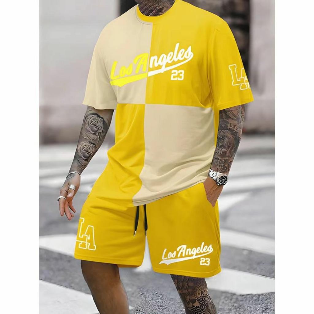 Простой новый летний мужской костюм с 3D-принтом и буквами, шорты с короткими рукавами, простая футболка с такими же принтованными шортами, комплект из двух предметов