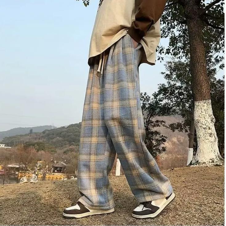 Fleece Vintage American Style Tweed Plaid Men's Pants Loose Straight Wide Leg Casual Trousers Trendy Brand Punk Rock Streetwear