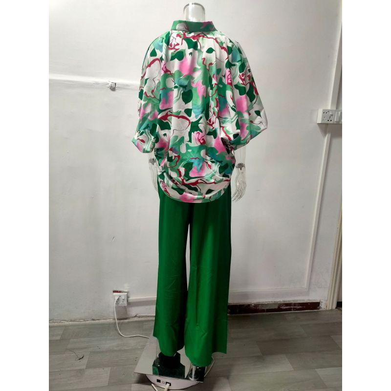 Women's Sets Casual Loose Plus Size Lapel Printed Long Sleeve Shirt Solid Color High Waist Wide Leg Pants