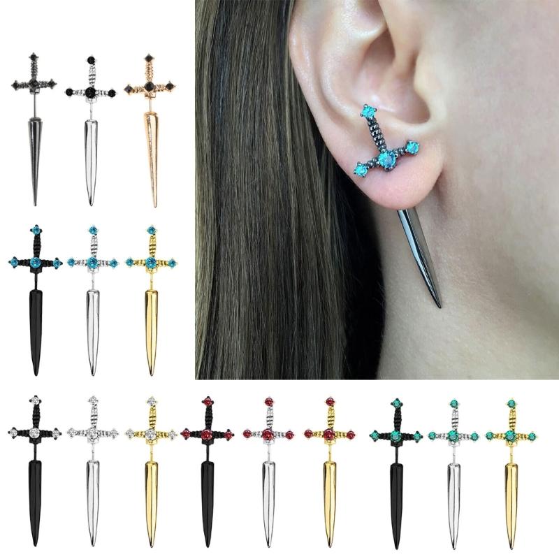 Novel Punk Multicolor Crystal Dagger- Earrings Metal Sword- Handle Studs Earrings for Women Girls Halloween Jewelry Gift
