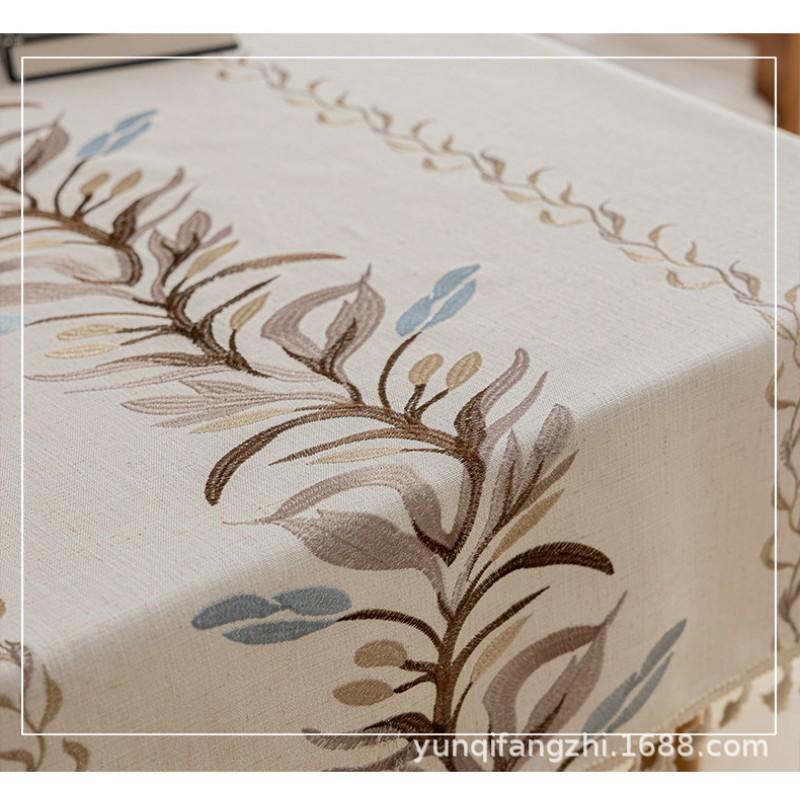 Waterproof Embroidered Plant Motif Tablecloth With Tassels Long Rectangle Dining Table Cover Ins Style Home Decor