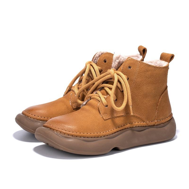 Ретро Кожаные Бархатные Короткие Ботинки для Женской Осени и Зимы Новые Ручной Работы Хлопок и Лен Ветрозащитные Широкая Голова На Шнуровке Первый Слой Коровьей Кожи Женские Ботинки