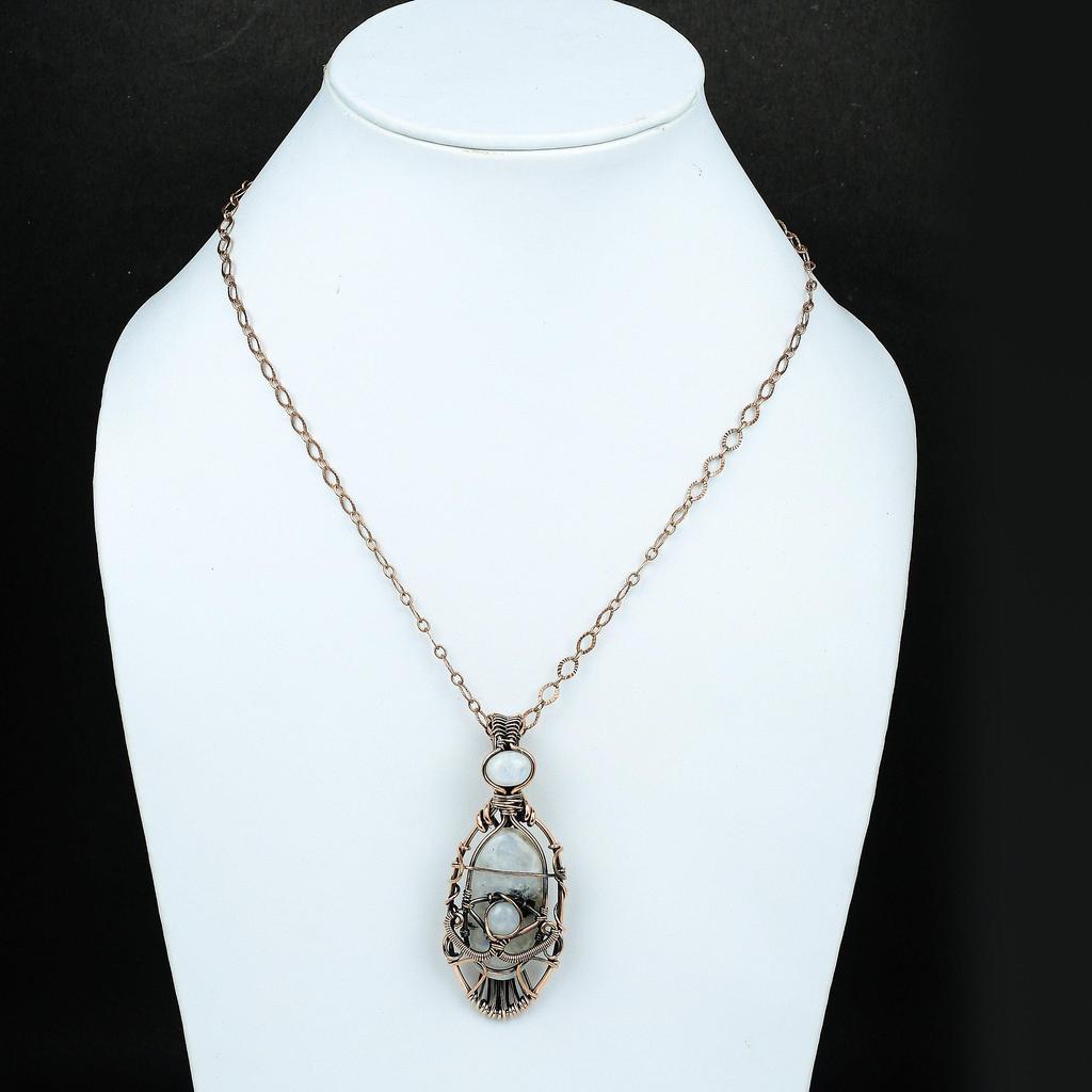 Подвеска с лунным камнем от сглаза, медная проволочная обертка, медная бижутерия с лунным камнем, подвеска ручной работы, ювелирные изделия от сглаза, медная дизайнерская подвеска